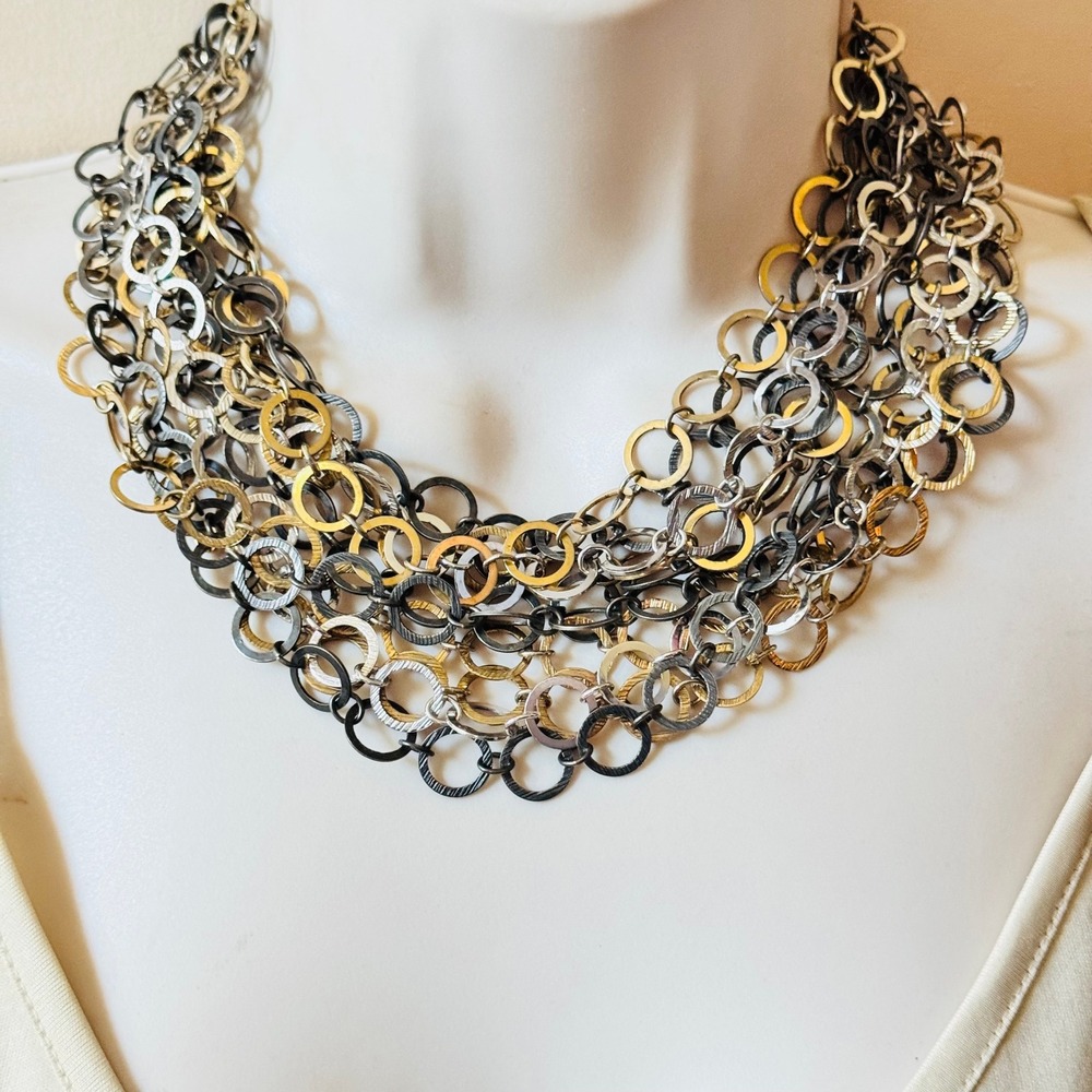 VTG Napier Multi Chain Necklace Two Tone Silver Gold Tone Runway Statement MCM